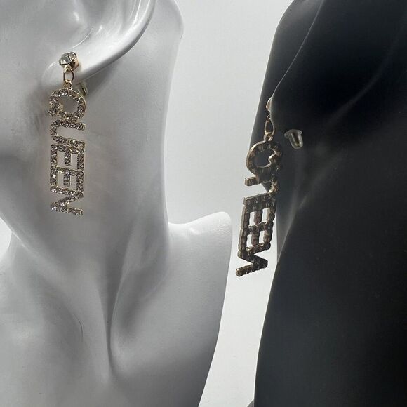 Queen Earrings Dangle Rhinestone Pierced Long But Not Heavy! Sparkle Gold Tone - Picture 5 of 8